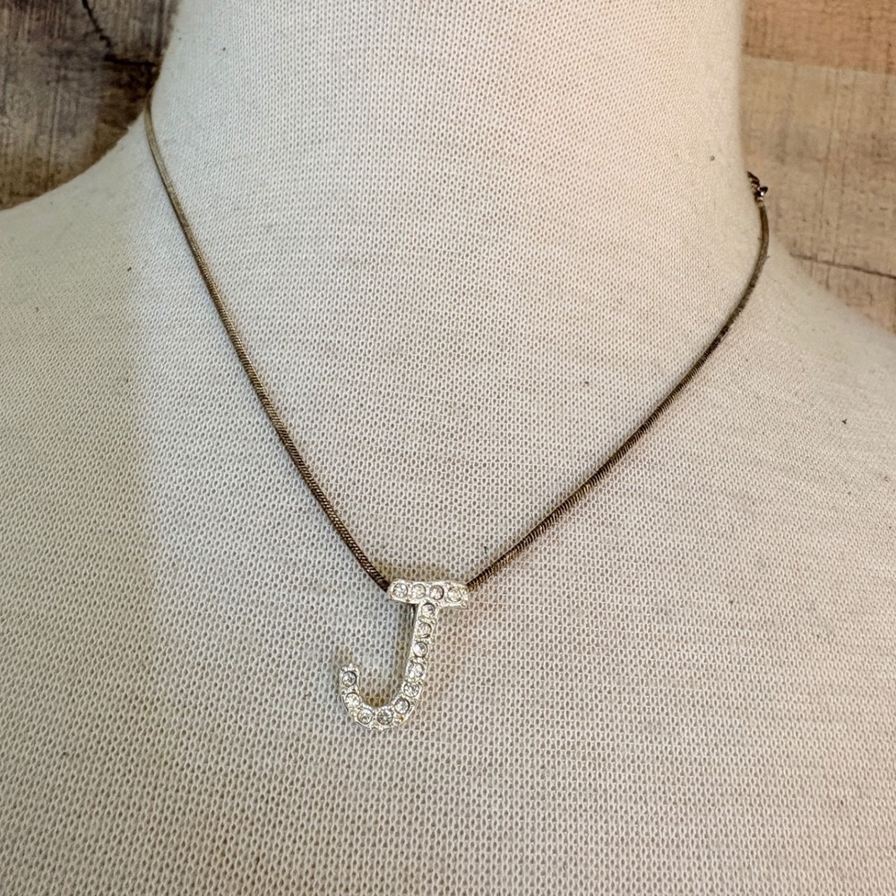 AV Silver Tone Crystal Encrusted Monogram Letter J Initial Snake Chain Necklace